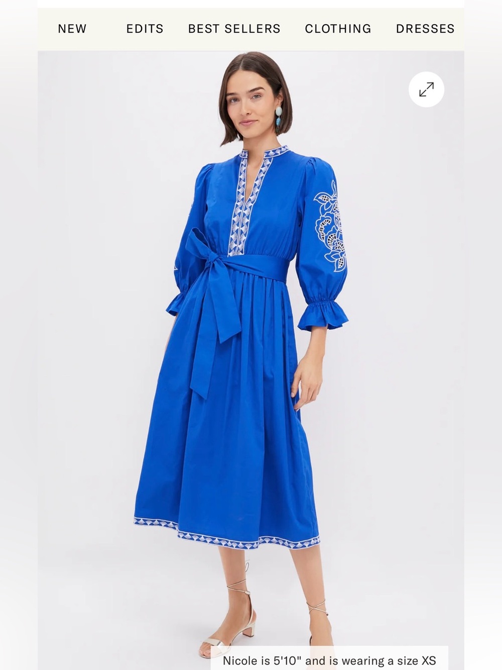Blue Embroidered Midi Dress with Waist Tie